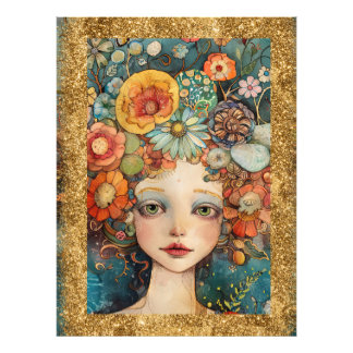 *~ AP95 Whimsische Vrouw Bloemen Goud Glitter kuns Foto Afdruk