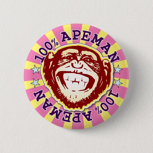 Ape Man 100% Funny Monkey Badge Ronde Button 5,7 Cm (Voorkant)