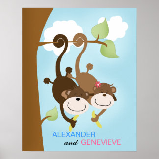 Apenjongen en -meisje MUURKUNSTDRUK 40x50cm Poster