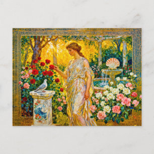 Aphrodite in rozentuin met fontein, schelp en briefkaart