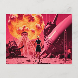 Apocalyptische roze ruimte blonde vrouw briefkaart