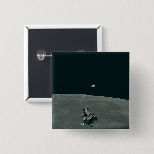 Apollo Maanlander en Aardopkomst boven de Maan Vierkante Button 5,1 Cm