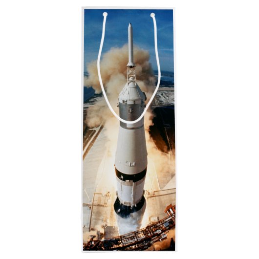 Apollo Saturn V raket lancering naar maan 1969 Wijn Cadeautas (Achterkant)