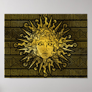 Apollo Sun-symbool op Grieks sleutelpatroon Poster