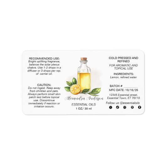 Apothecary Lemon Citrus Essential Oils Waterverf Etiket (Voorkant)