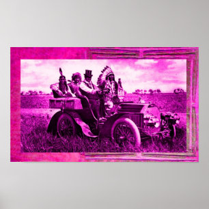 APPARATEN EN GERONIMO DIE EEN MOTORAUTO BESTUDEREN POSTER