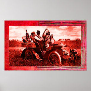 APPARATEN EN GERONIMO DIE EEN MOTORAUTO BESTUDEREN POSTER