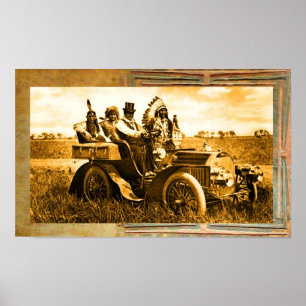 APPARATEN EN GERONIMO DIE EEN MOTORAUTO BESTUDEREN POSTER