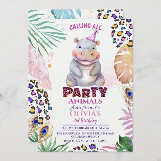 Appel à tous les animaux de fête Hippo Invitation  (Devant / Derrière)