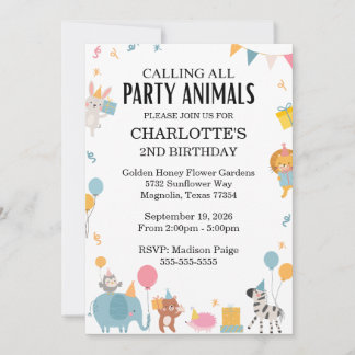 Appel à tous les animaux de fête Invitation Annive