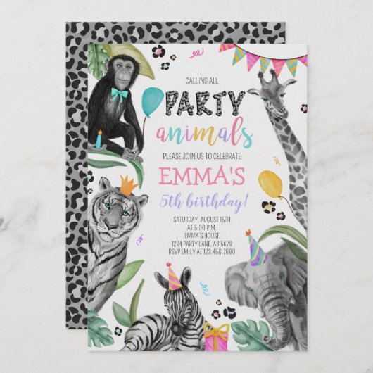 Appel à tous les animaux de fête Invitation d'anni (Devant / Derrière)