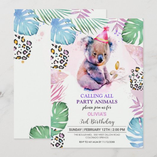 Appel à tous les animaux de fête Koala Invitation  (Devant / Derrière)
