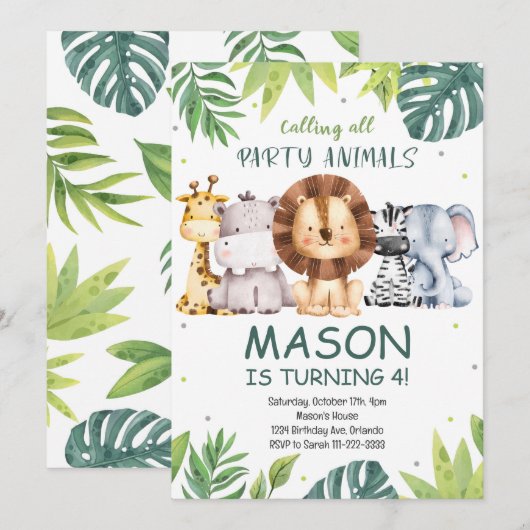 Appel à tous les animaux de fête Safari Invitation (Devant / Derrière)