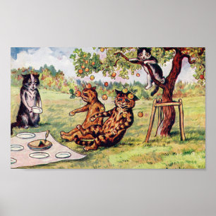 Appel vallend op twee katten tijdens een picknick, poster