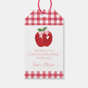 Appel verjaardag roze strik en ruitjes cadeaulabel