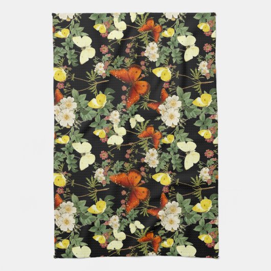 Appelbloesem en vlinders zwarte achtergrond theedoek (Verticaal)