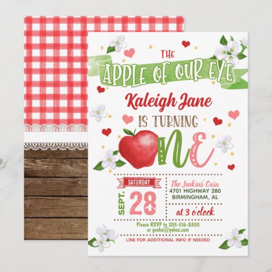 Apple 1e verjaardag Uitnodiging - Apple of Our Eye (Voorkant / Achterkant)