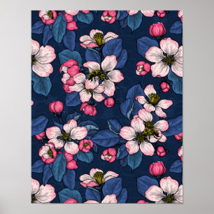 Apple bloesem op een donkerblauw poster