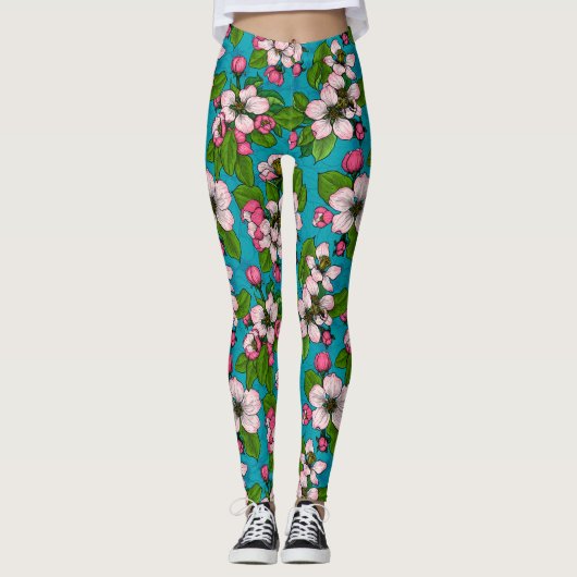 Apple blossom op turquoise leggings (Voorkant)