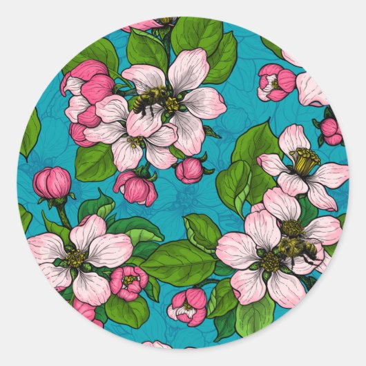 Apple blossom op turquoise ronde sticker (Voorkant)