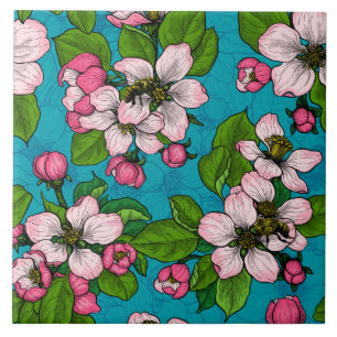 Apple blossom op turquoise tegeltje