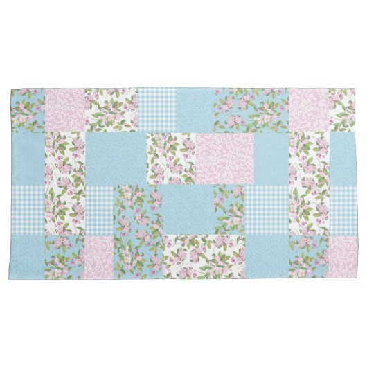 Apple Blossom Pink Blue Faux Patchwork Kussensloop (Voorkant-Rechts)
