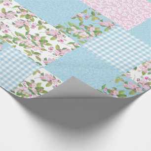 Apple Blossom Pink, Blue, Green Faux Patchwork Cadeaupapier