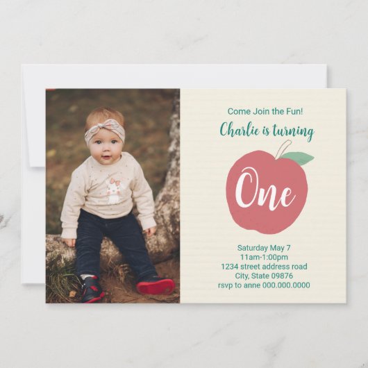 Apple First Birthday Photo Invitation Kaart (Voorkant)