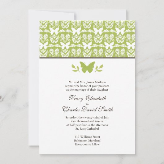 Apple Green and White Butterfly Wedding Invitation Kaart (Voorkant)