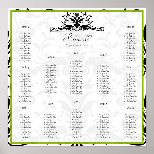Apple Green & Black Bumble Seating Chart 12 Tables Poster (Voorkant)