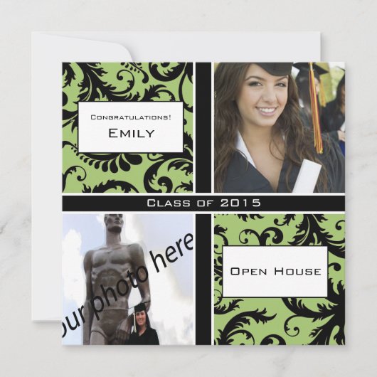 Apple Green & Black Damask Afstuderen Invitation Kaart (Voorkant)