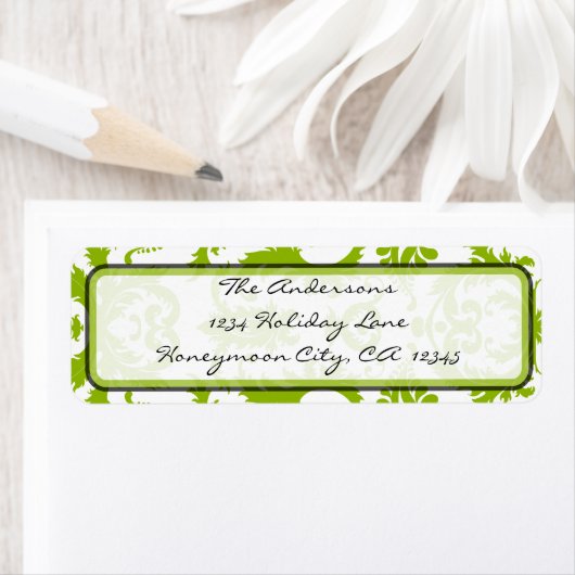 Apple Green & Black Damask Swirl Address Label (Insitu)