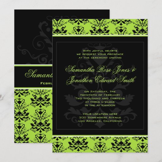 Apple Green & Black Damask Wedding Invitation Kaart (Voorkant / Achterkant)