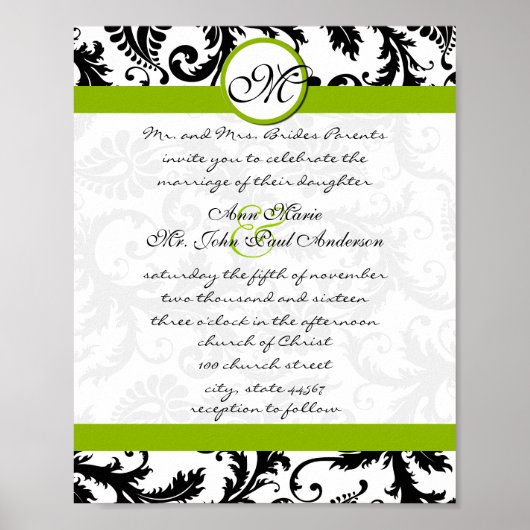 Apple Green Black Damask Wedding Uitnodiging Poster (Voorkant)