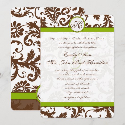 Apple Green & Brown Damask Wedding Invitation Kaart (Voorkant / Achterkant)
