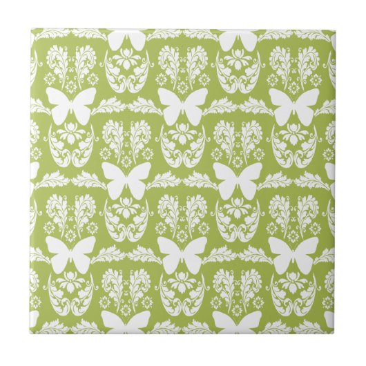 Apple Green Butterfly Damask Keramische Tegel Triv Tegeltje (Voorkant)