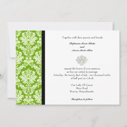 Apple Green Classic Damask Wedding Invitation Kaart (Voorkant)