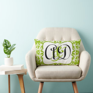Apple Green Damask Black Monogram Bride Pillow Kussen