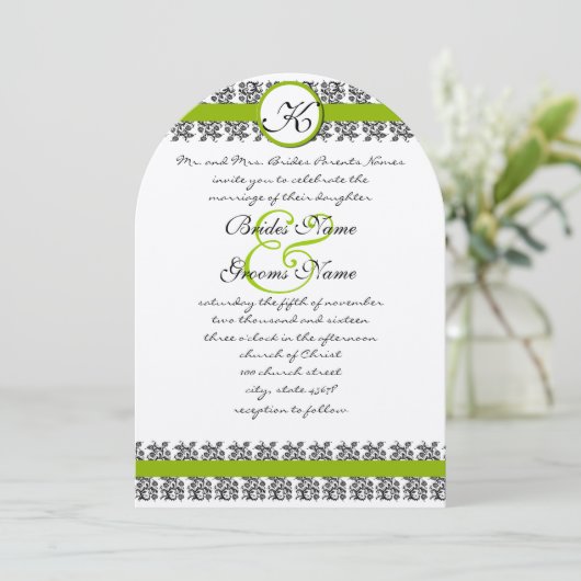 Apple Green Damask Borders Wedding Invitation Kaart (Staand voorkant)