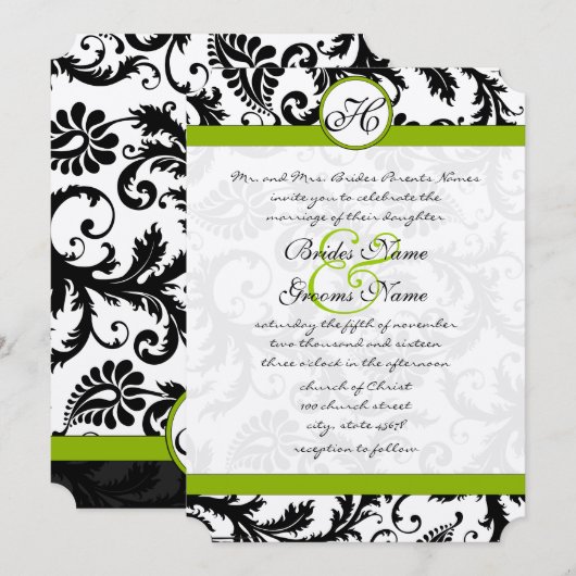 Apple Green Damask Swirls Wedding Invitation Kaart (Voorkant / Achterkant)