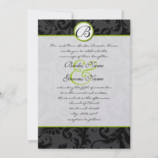 Apple Green Damask Swirls Wedding Invitation Kaart (Voorkant)