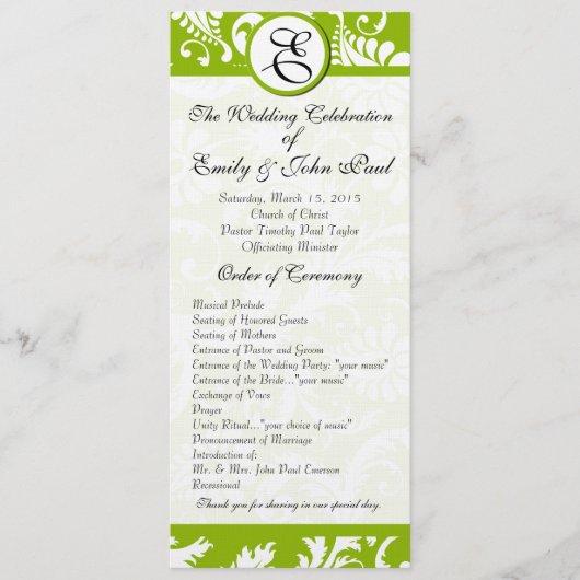 Apple Green Damask Swirls Wedding Programme (Devant)