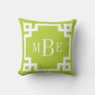 Apple Green en White Greek Key Monogram Kussen
