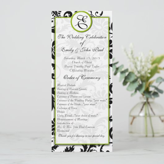 Apple Green Trim Black Damask Wedding Program Programma (Staand voorkant)