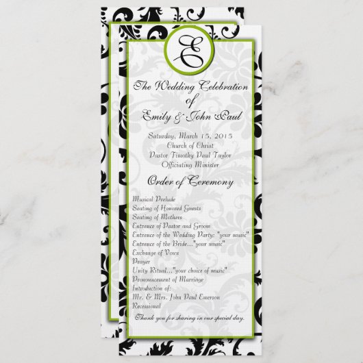 Apple Green Trim Black Damask Wedding Program Programma (Voorkant / Achterkant)
