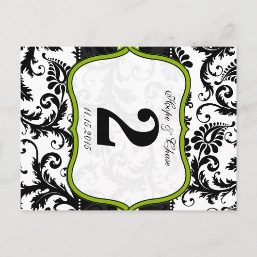 Apple Green Trim Damask Swirls Table Number Cards Briefkaart (Achterkant)