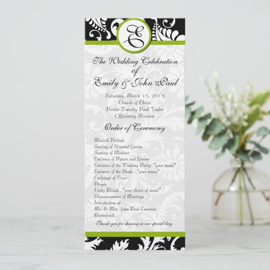 Apple Green Trim Damask Swirls Wedding Programme Programma (Staand voorkant)