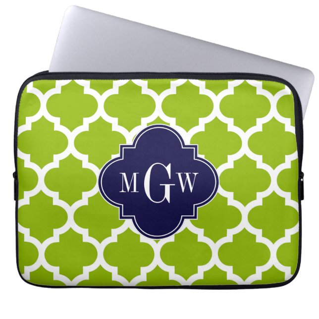 Apple Green Wt Moroccan #5 Navy 3 Initiaal Monogra Laptop Sleeve (Voorkant)