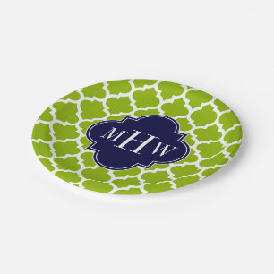 Apple Green Wt Moroccan #5 Navy 3 Initiaal Monogra Papieren Bordje