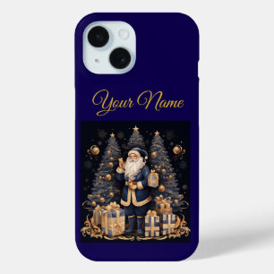 Apple iPhone Hoesje 15-Navy Blue & Goud Kerstmis